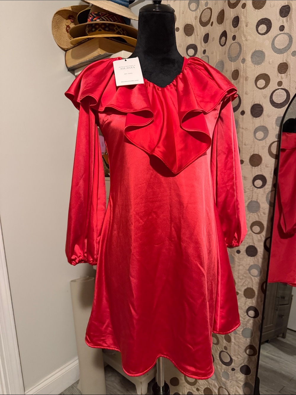 Silky Red Ruffle Long-Sleeve Dress